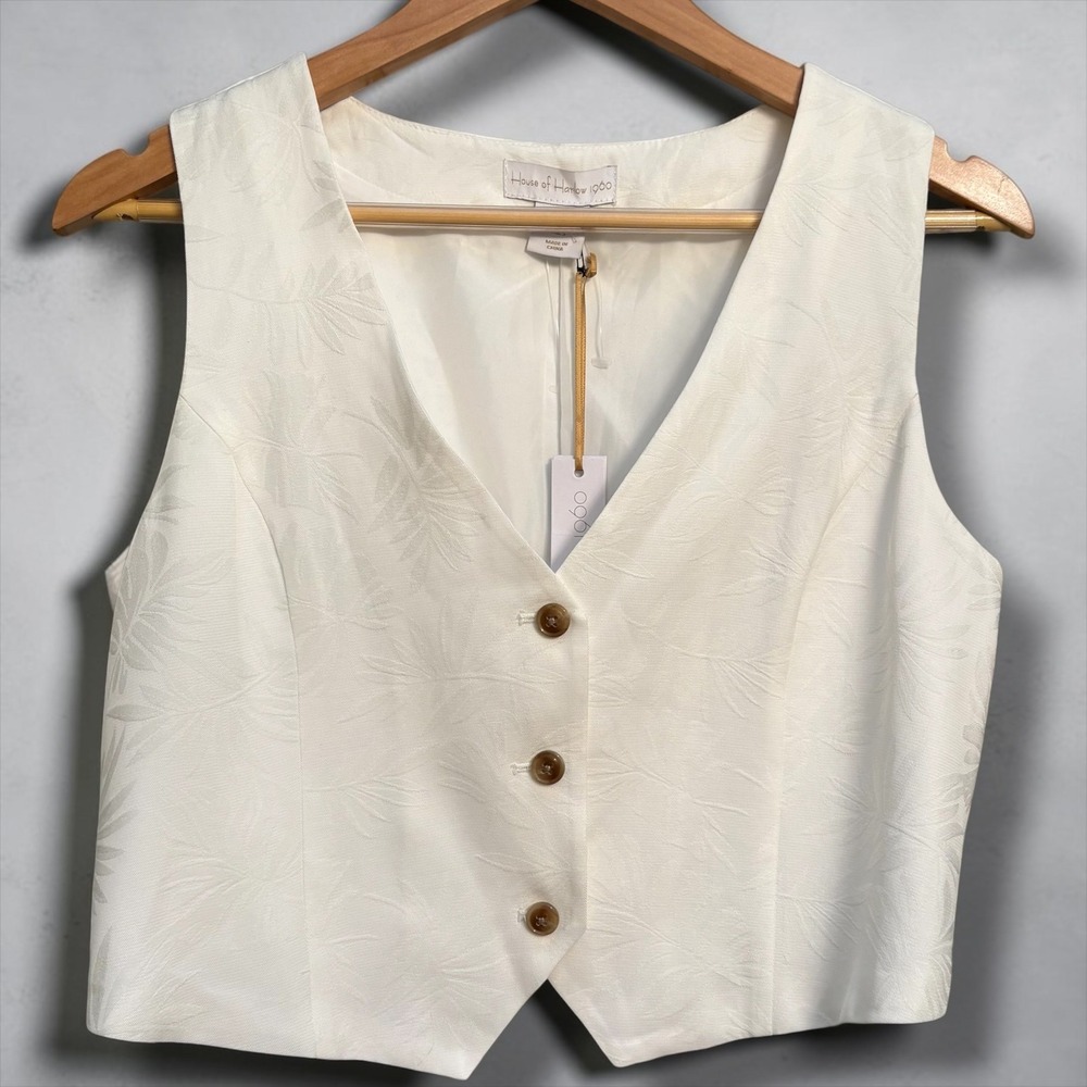 House of Harlow 1960 Womens Cream Jacquard Leaf V-Neck Button Front Vest Small - Picture 3 of 6